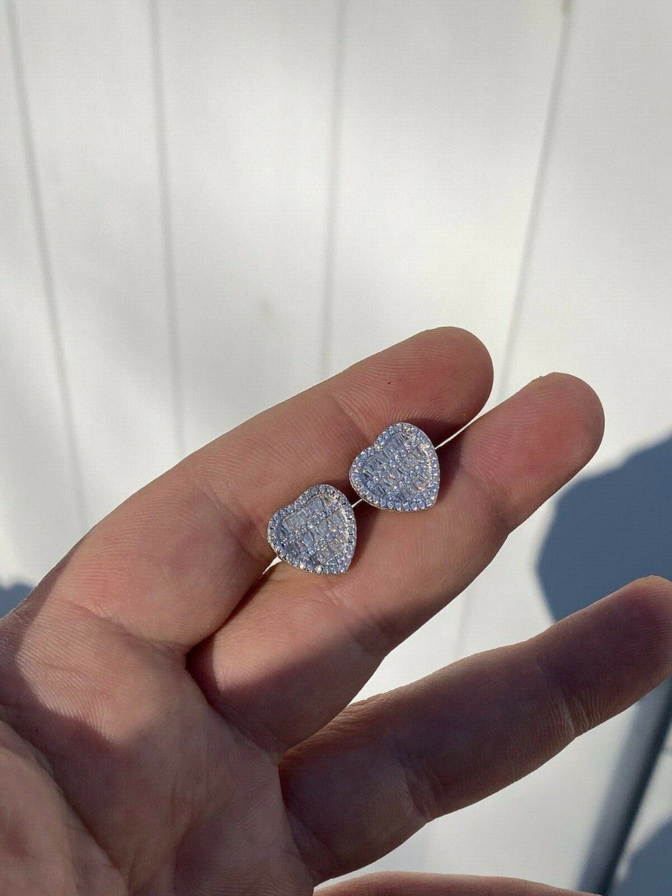 HarlemBling Solid 925 Sterling Silver Iced Heart Stud Earrings Mens Ladies Baguette Diamond