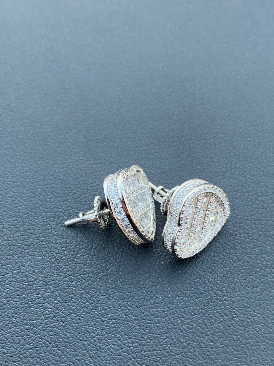 HarlemBling Solid 925 Sterling Silver Iced Heart Stud Earrings Mens Ladies Baguette Diamond