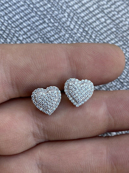 HarlemBling Solid 925 Sterling Silver Iced Heart Stud Earrings Mens Ladies Hip Hop 10mm