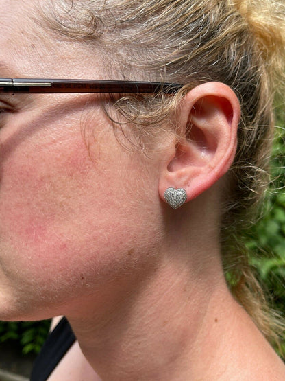 HarlemBling Solid 925 Sterling Silver Iced Heart Stud Earrings Moissanite Pass Diamond Test