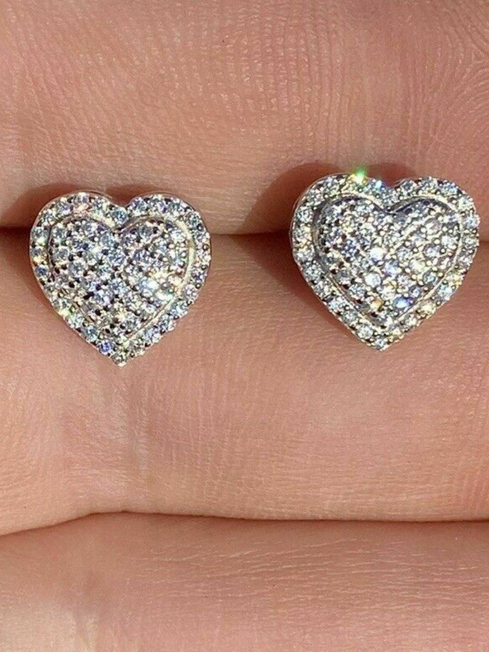 HarlemBling Solid 925 Sterling Silver Iced Heart Stud Earrings Moissanite Pass Diamond Test