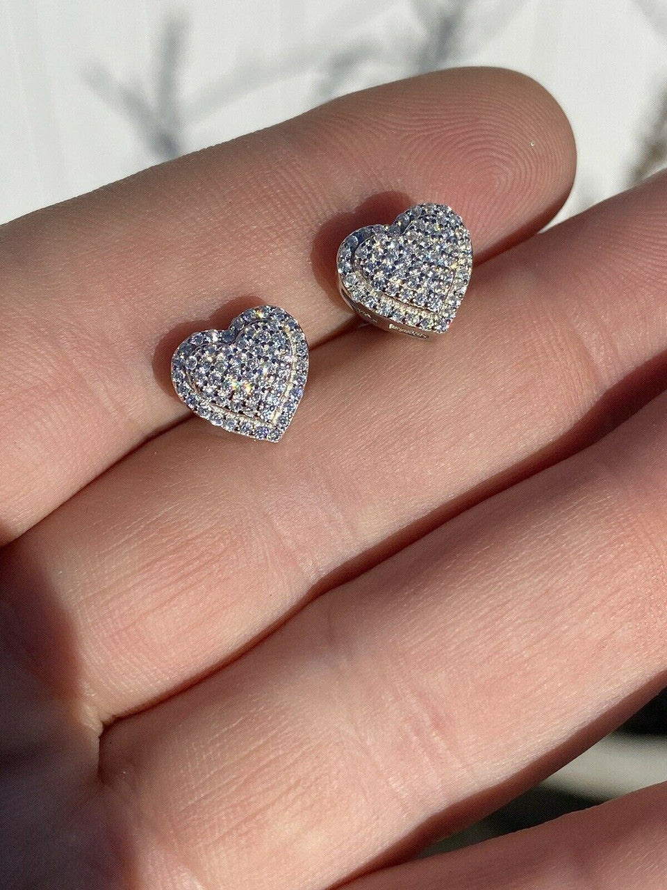 HarlemBling Solid 925 Sterling Silver Iced Heart Stud Earrings Moissanite Pass Diamond Test