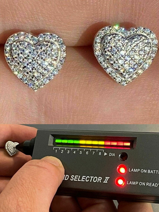 HarlemBling Solid 925 Sterling Silver Iced Heart Stud Earrings Moissanite Pass Diamond Test