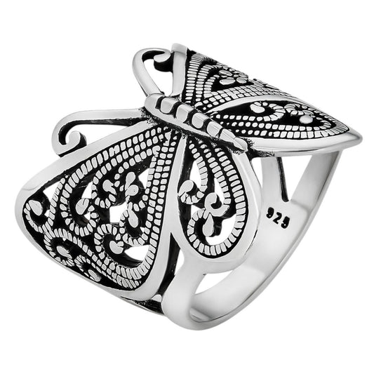HarlemBling Solid 925 Sterling Silver Large Butterfly Ring Oxidized Rhodium Vintage Finish