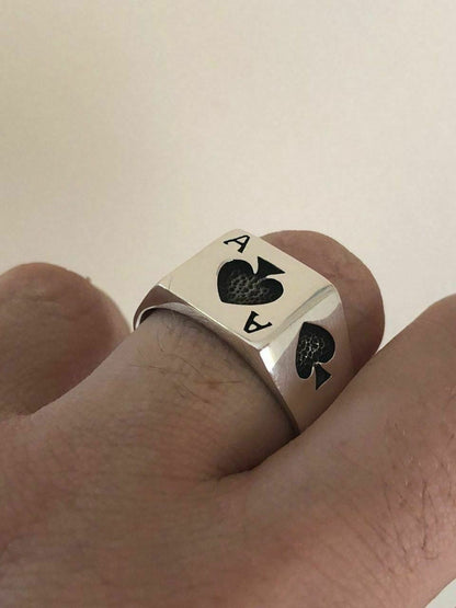 HarlemBling Solid 925 Sterling Silver Men Ace Of Spades Ring Lucky Poker Card Hand Size 7-13