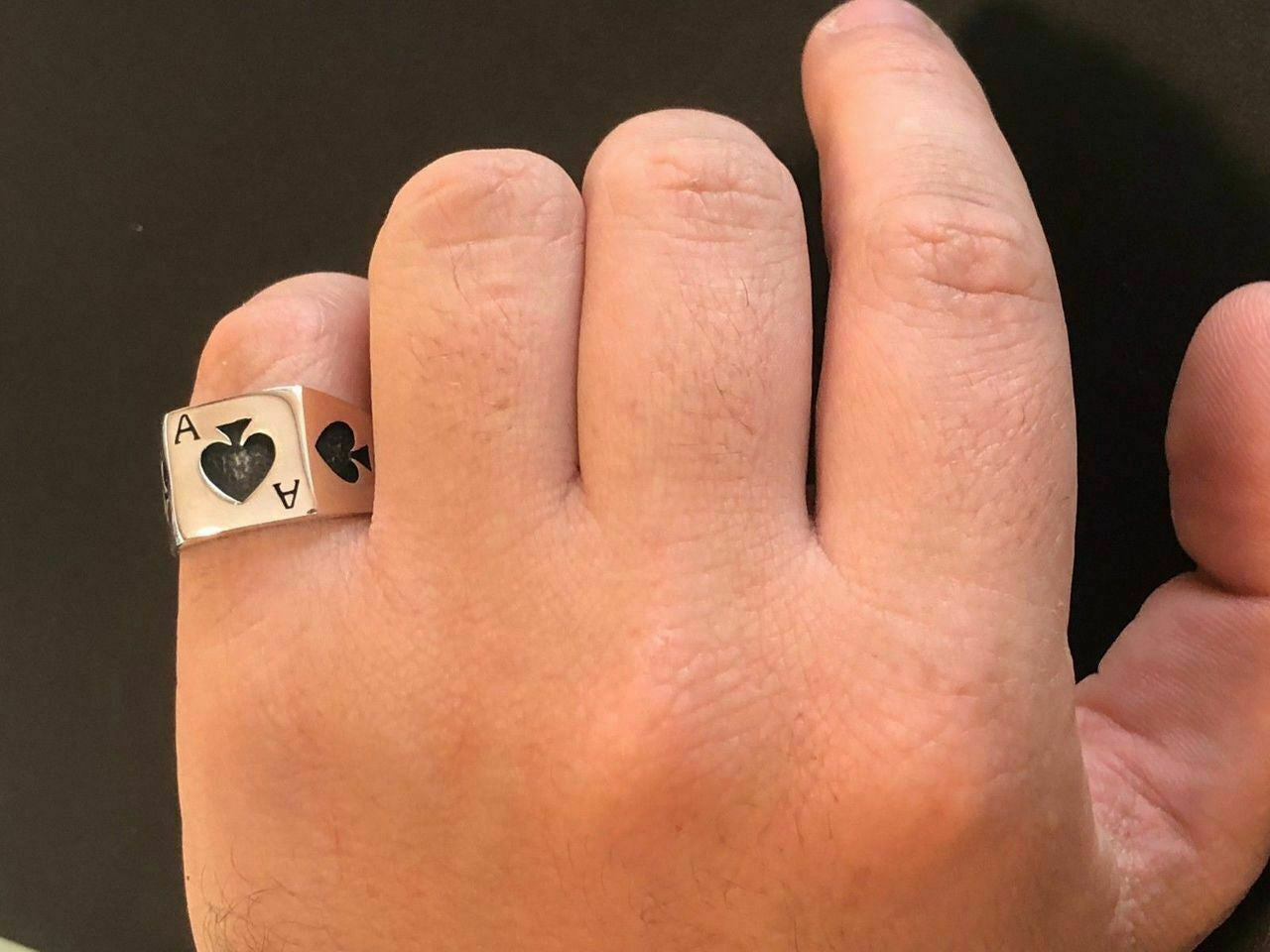 HarlemBling Solid 925 Sterling Silver Men Ace Of Spades Ring Lucky Poker Card Hand Size 7-13