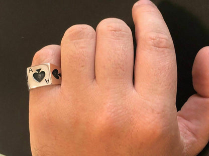 HarlemBling Solid 925 Sterling Silver Men Ace Of Spades Ring Lucky Poker Card Hand Size 7-13