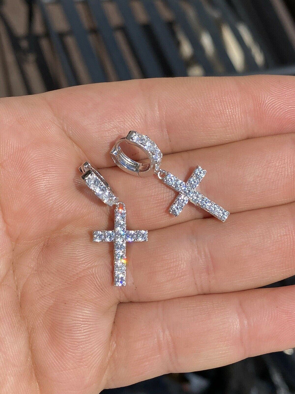 HarlemBling Solid 925 Sterling Silver Men Ladies Dangle Cross Hoop Earrings Iced Diamond
