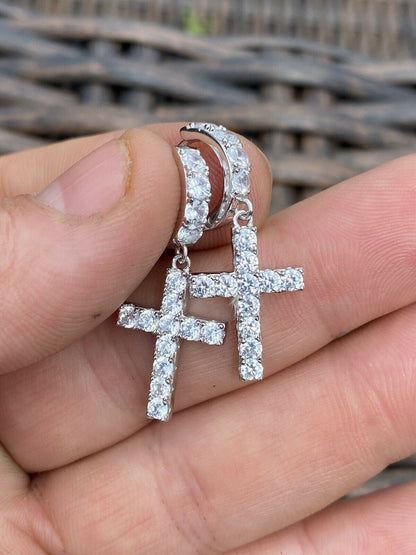 HarlemBling Solid 925 Sterling Silver Men Ladies Dangle Cross Hoop Earrings Iced Diamond