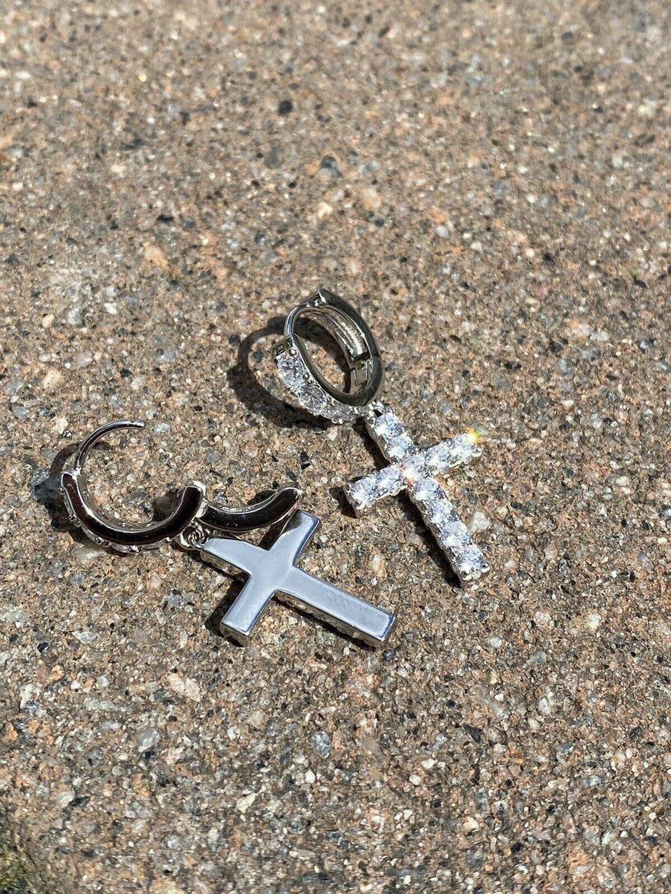 HarlemBling Solid 925 Sterling Silver Men Ladies Dangle Cross Hoop Earrings Iced Diamond