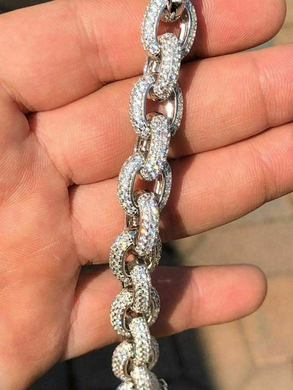 HarlemBling Solid 925 Sterling Silver Mens Thick Heavy Rolo Chain Iced Diamonds Flooded Out