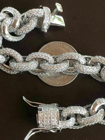 HarlemBling Solid 925 Sterling Silver Mens Thick Heavy Rolo Chain Iced Diamonds Flooded Out