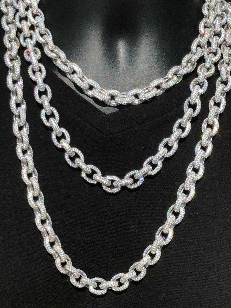 HarlemBling Solid 925 Sterling Silver Mens Thick Heavy Rolo Chain Iced Diamonds Flooded Out