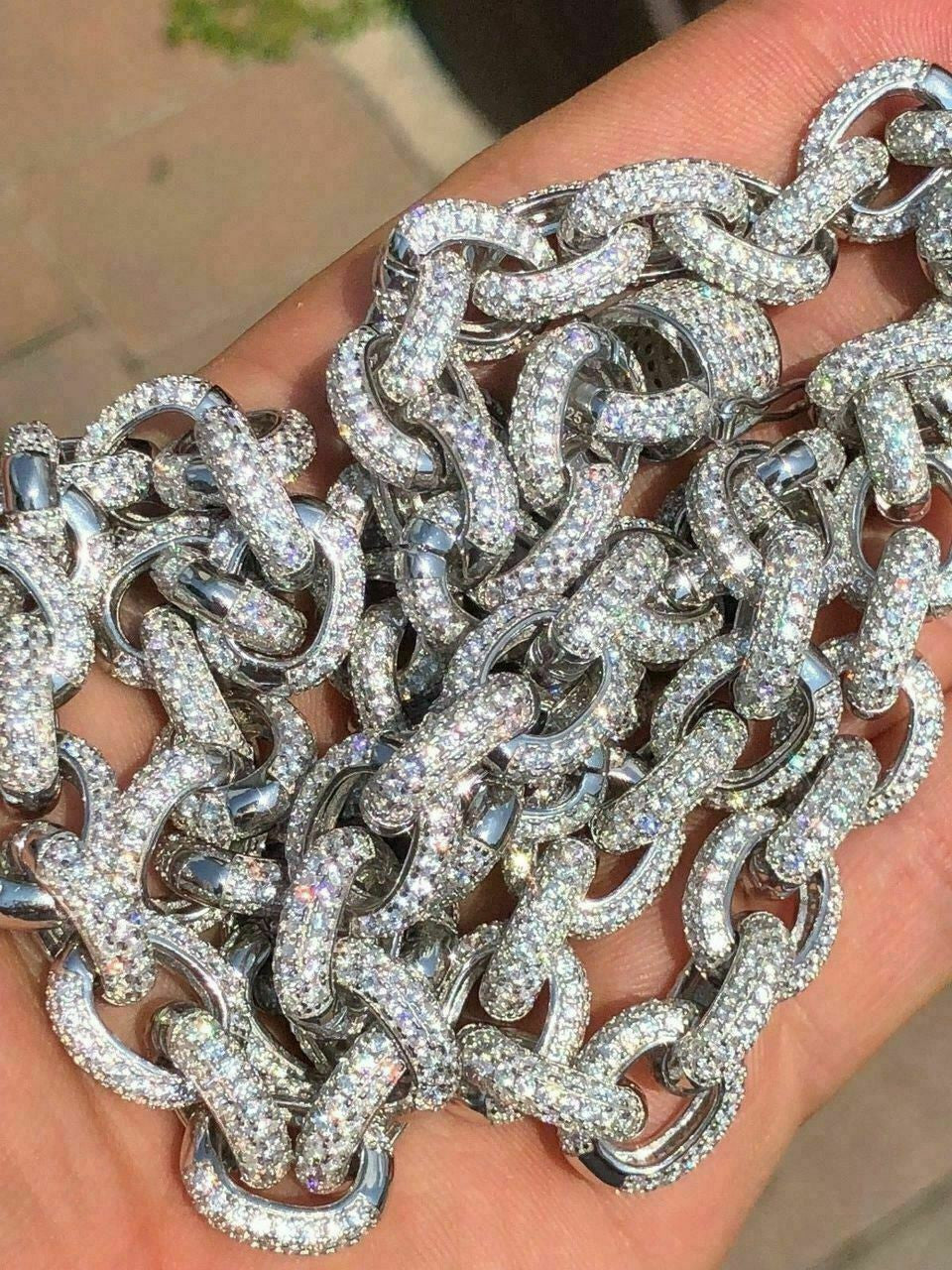 HarlemBling Solid 925 Sterling Silver Mens Thick Heavy Rolo Chain Iced Diamonds Flooded Out