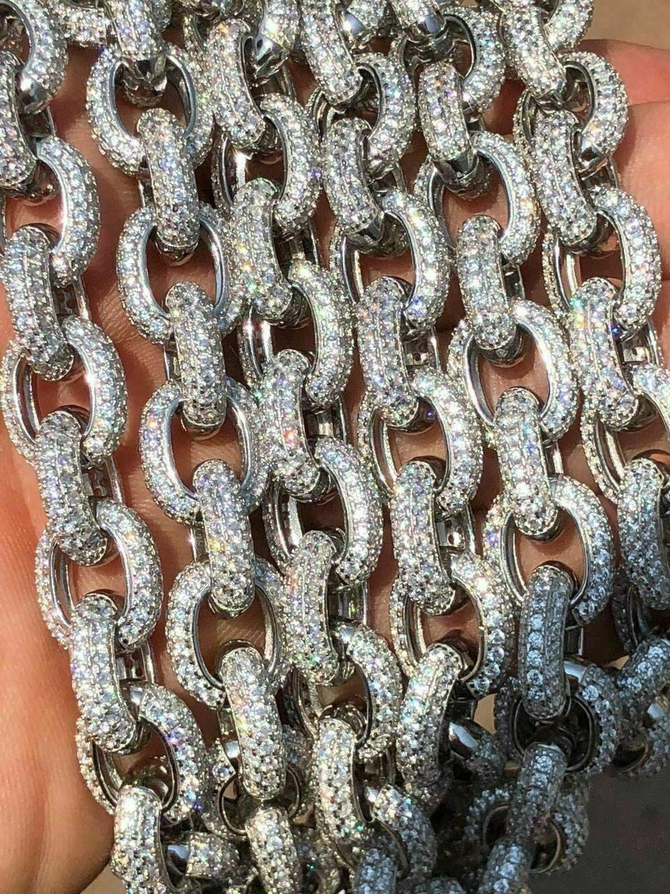 HarlemBling Solid 925 Sterling Silver Mens Thick Heavy Rolo Chain Iced Diamonds Flooded Out