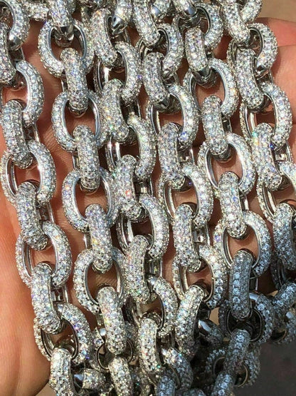 HarlemBling Solid 925 Sterling Silver Mens Thick Heavy Rolo Chain Iced Diamonds Flooded Out