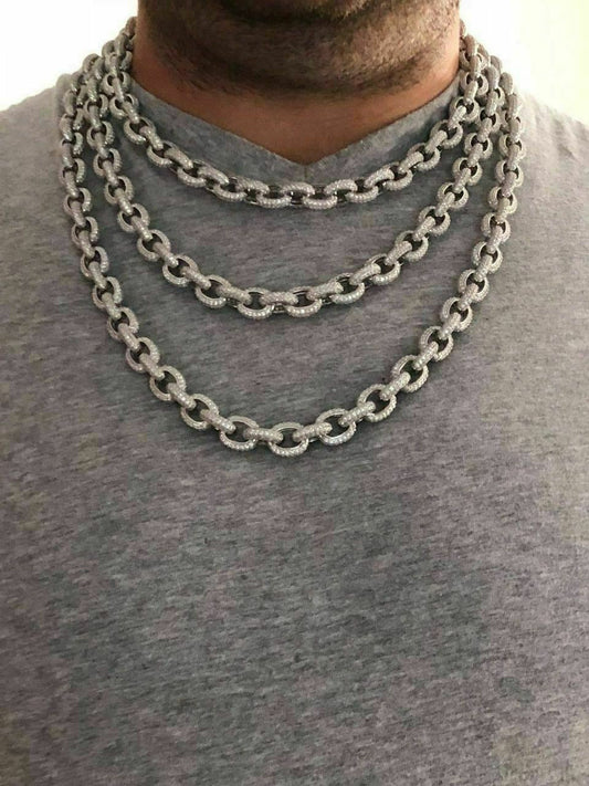 HarlemBling Solid 925 Sterling Silver Mens Thick Heavy Rolo Chain Iced Diamonds Flooded Out