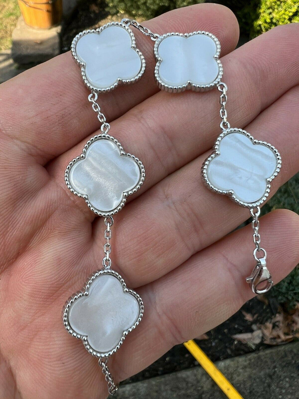 HarlemBling Solid 925 Sterling Silver Mother Of Pearl Leaf Clover Flower Bracelet 6-7.5