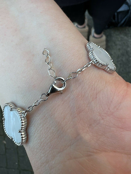 HarlemBling Solid 925 Sterling Silver Mother Of Pearl Leaf Clover Flower Bracelet 6-7.5