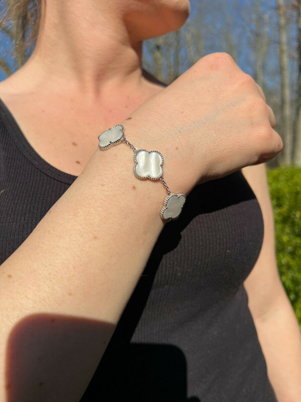 HarlemBling Solid 925 Sterling Silver Mother Of Pearl Leaf Clover Flower Bracelet 6-7.5