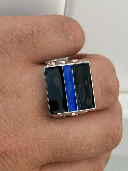 HarlemBling Solid 925 Sterling Silver Nugget Ring Blue Lives Matter Thin Blue Line Police