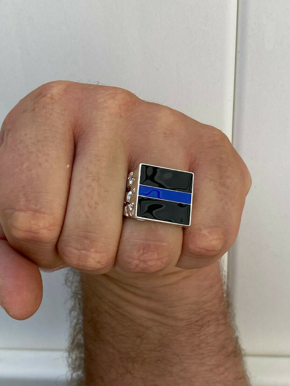 HarlemBling Solid 925 Sterling Silver Nugget Ring Blue Lives Matter Thin Blue Line Police