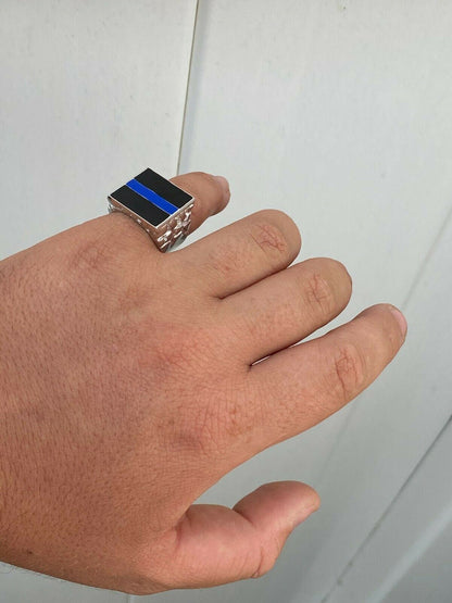 HarlemBling Solid 925 Sterling Silver Nugget Ring Blue Lives Matter Thin Blue Line Police