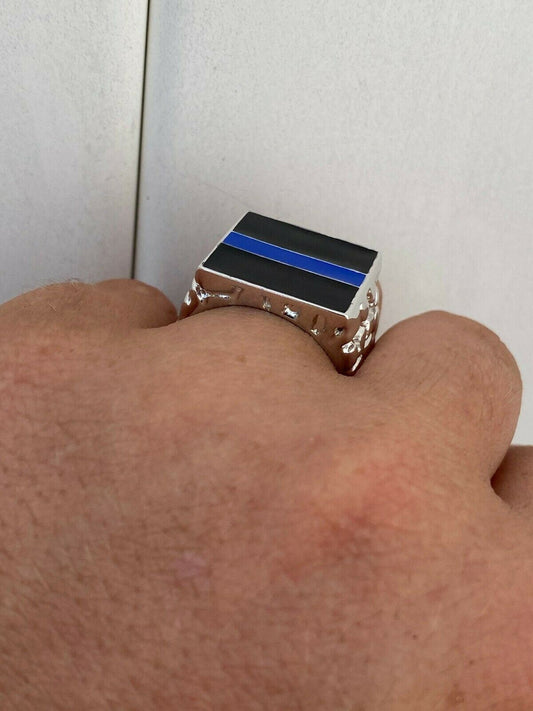 HarlemBling Solid 925 Sterling Silver Nugget Ring Blue Lives Matter Thin Blue Line Police