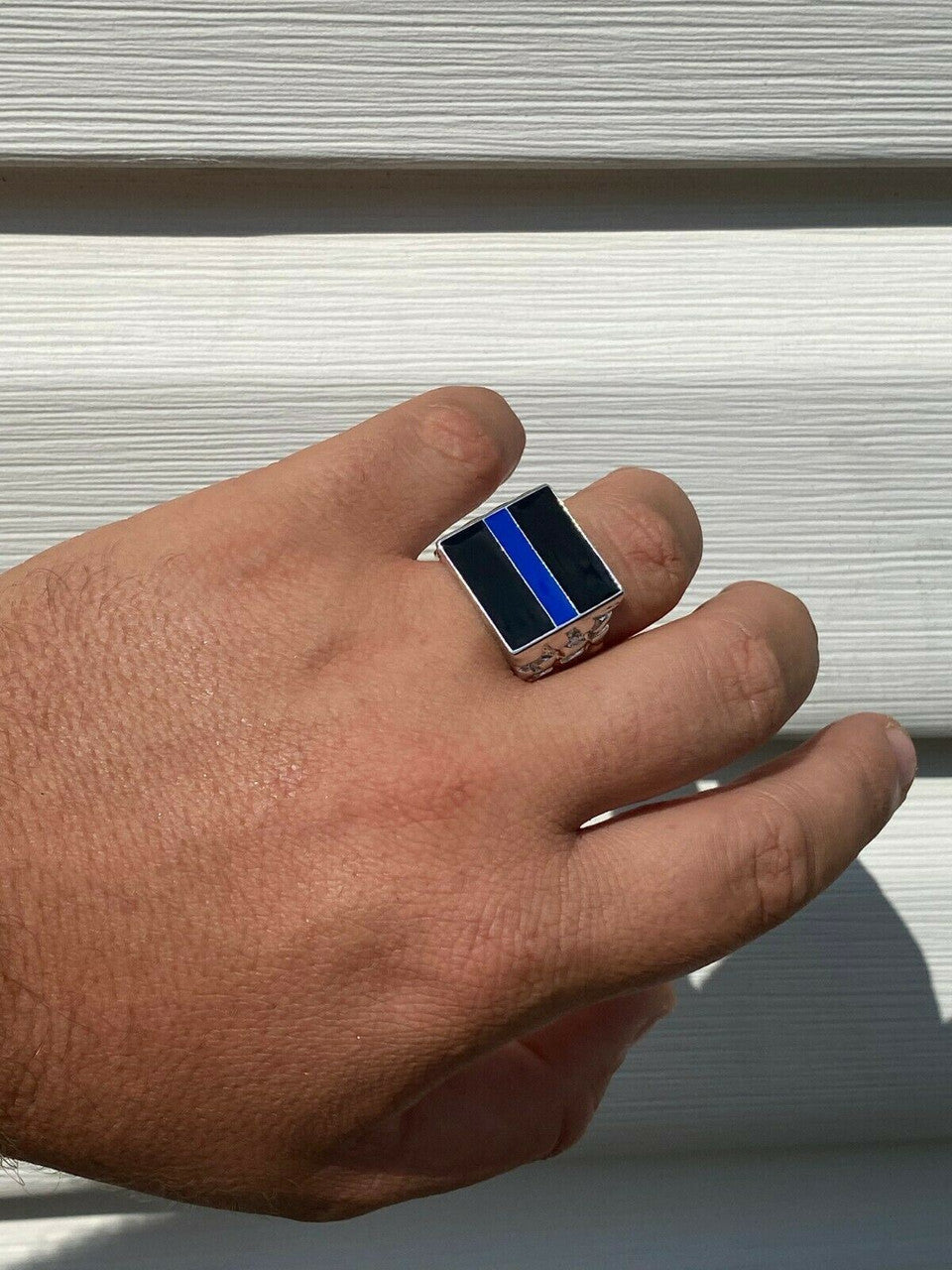 HarlemBling Solid 925 Sterling Silver Nugget Ring Blue Lives Matter Thin Blue Line Police