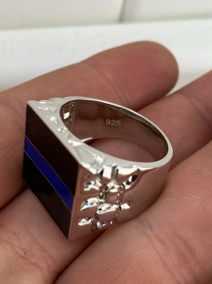 HarlemBling Solid 925 Sterling Silver Nugget Ring Blue Lives Matter Thin Blue Line Police