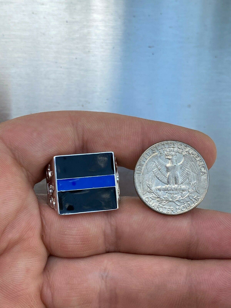 HarlemBling Solid 925 Sterling Silver Nugget Ring Blue Lives Matter Thin Blue Line Police