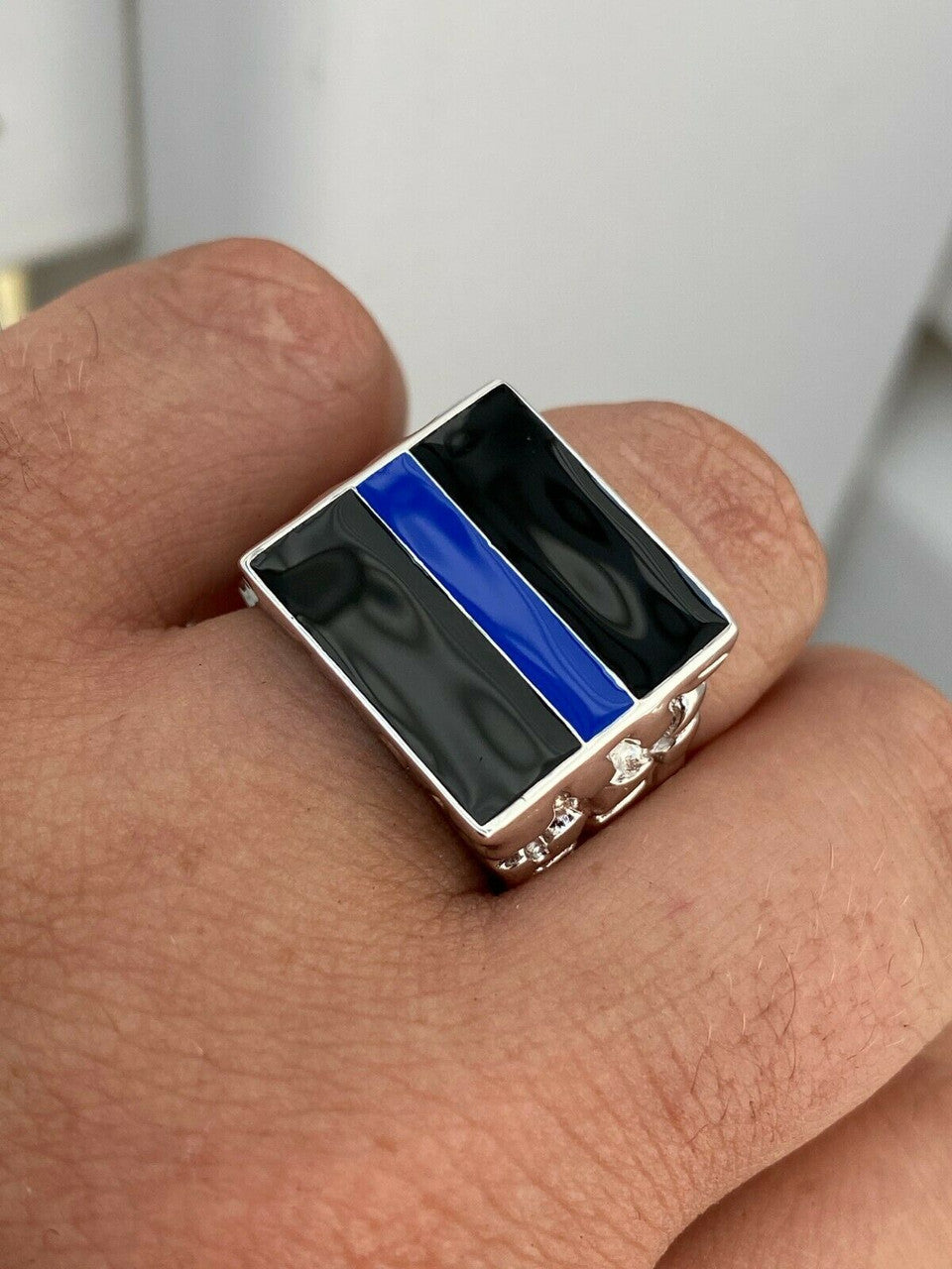 HarlemBling Solid 925 Sterling Silver Nugget Ring Blue Lives Matter Thin Blue Line Police