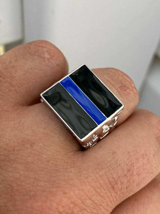 HarlemBling Solid 925 Sterling Silver Nugget Ring Blue Lives Matter Thin Blue Line Police