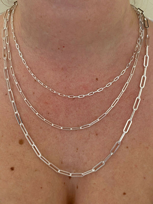 HarlemBling Solid 925 Sterling Silver Paperclip Rolo Chain 2.5mm - 4mm Cable Necklace Italy