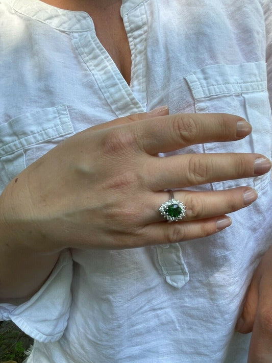 HarlemBling Solid 925 Sterling Silver Pear Green Emerald and Diamond Promise Cocktail Ring