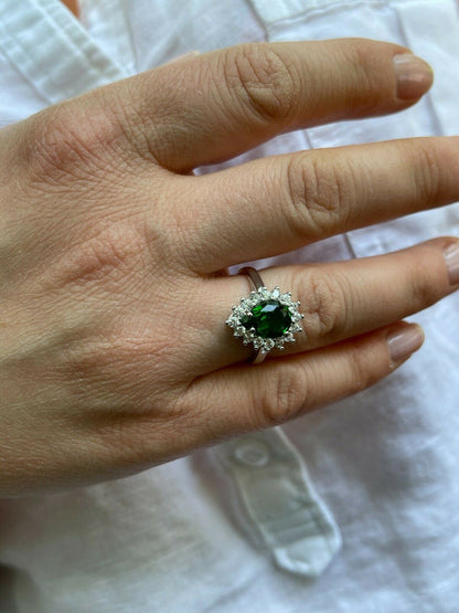 HarlemBling Solid 925 Sterling Silver Pear Green Emerald and Diamond Promise Cocktail Ring