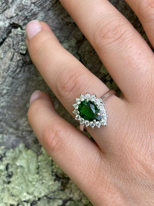 HarlemBling Solid 925 Sterling Silver Pear Green Emerald and Diamond Promise Cocktail Ring