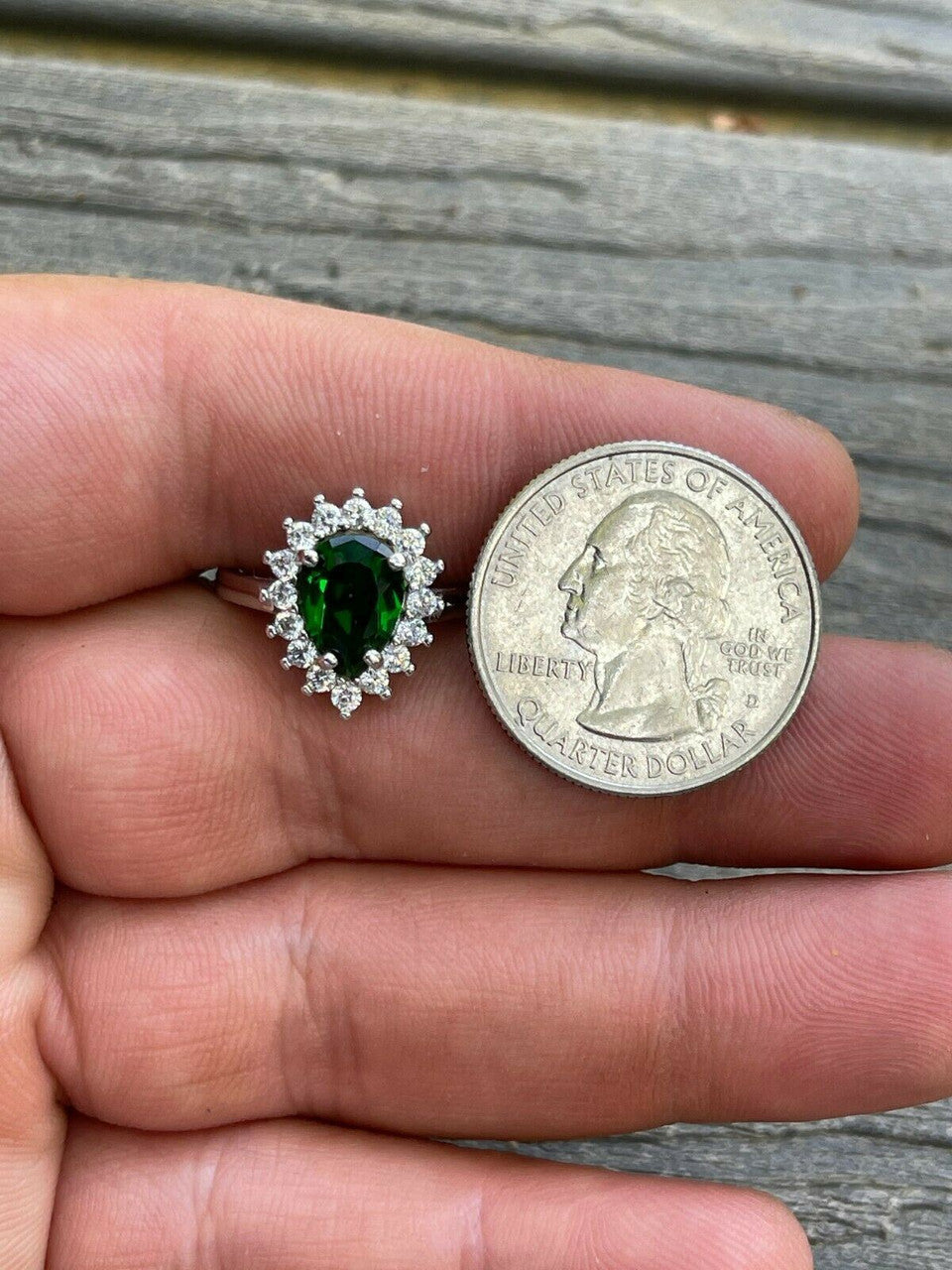 HarlemBling Solid 925 Sterling Silver Pear Green Emerald and Diamond Promise Cocktail Ring