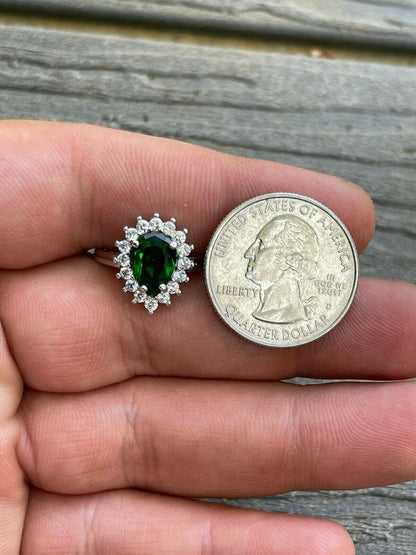 HarlemBling Solid 925 Sterling Silver Pear Green Emerald and Diamond Promise Cocktail Ring
