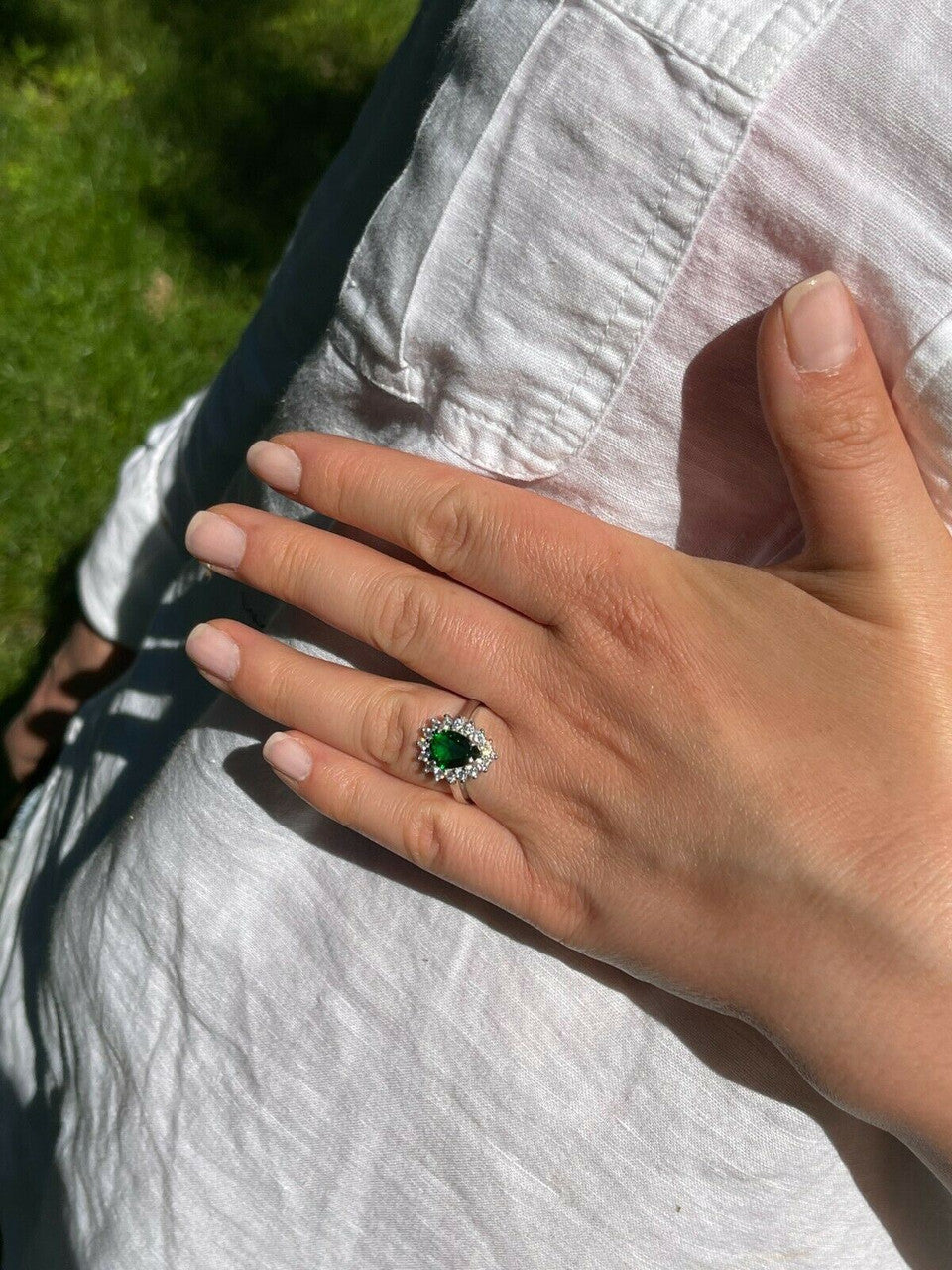 HarlemBling Solid 925 Sterling Silver Pear Green Emerald and Diamond Promise Cocktail Ring