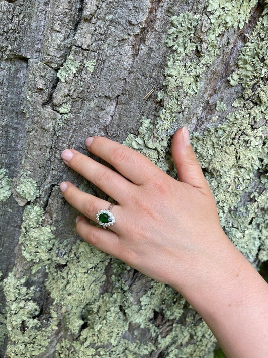 HarlemBling Solid 925 Sterling Silver Pear Green Emerald and Diamond Promise Cocktail Ring