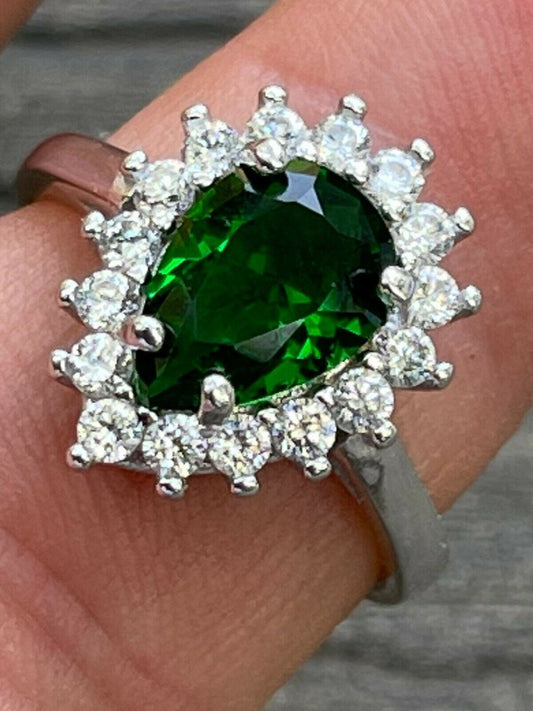 HarlemBling Solid 925 Sterling Silver Pear Green Emerald and Diamond Promise Cocktail Ring
