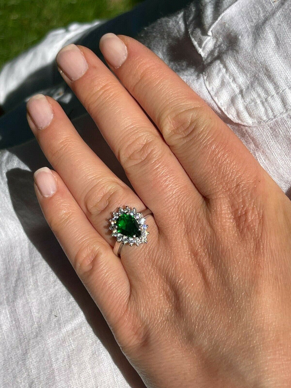 HarlemBling Solid 925 Sterling Silver Pear Green Emerald and Diamond Promise Cocktail Ring