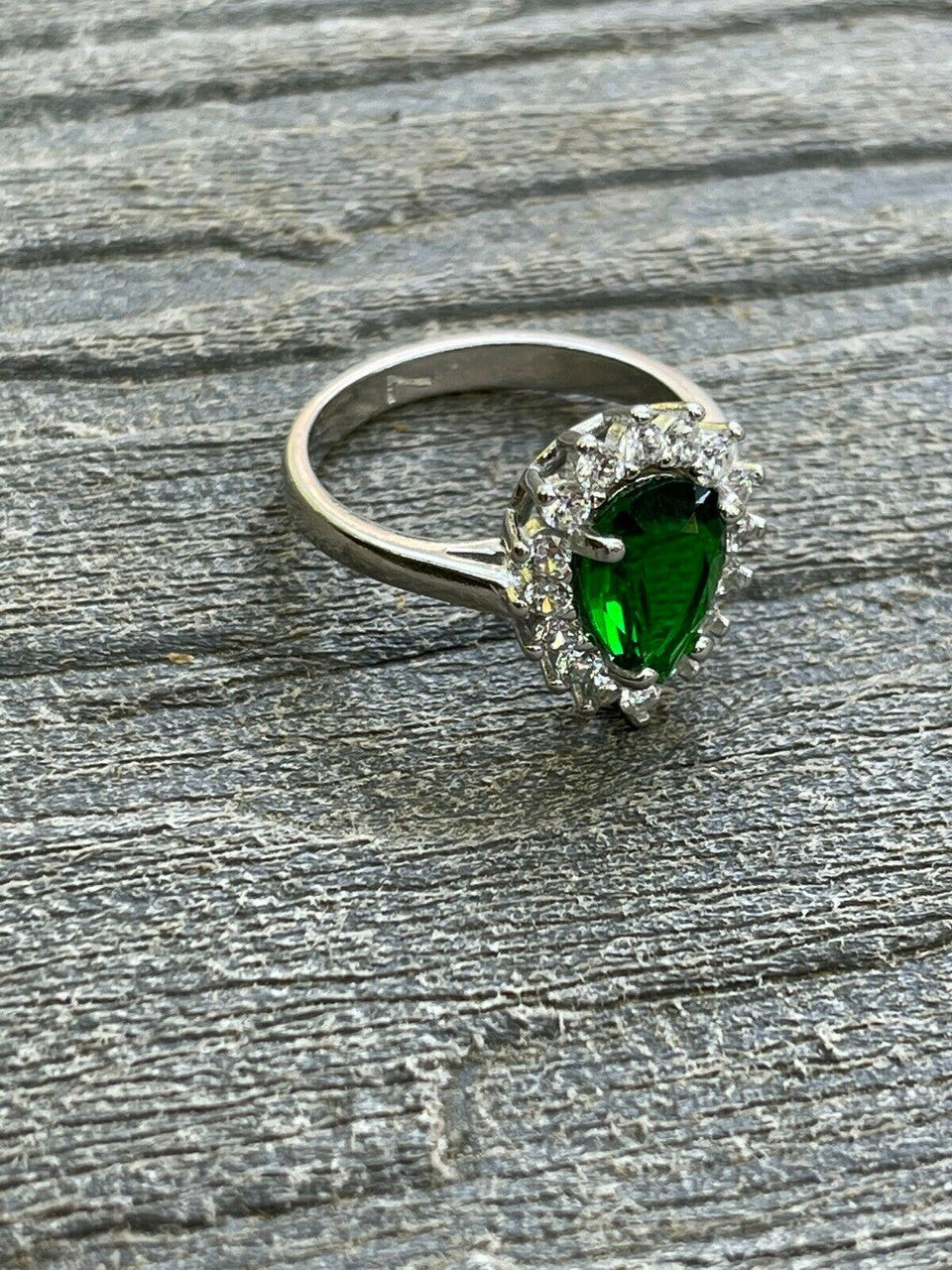 HarlemBling Solid 925 Sterling Silver Pear Green Emerald and Diamond Promise Cocktail Ring