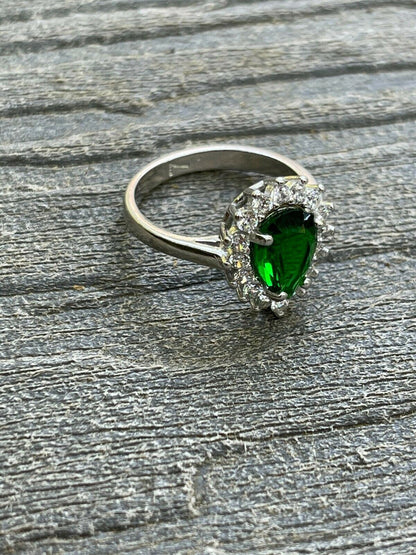 HarlemBling Solid 925 Sterling Silver Pear Green Emerald and Diamond Promise Cocktail Ring
