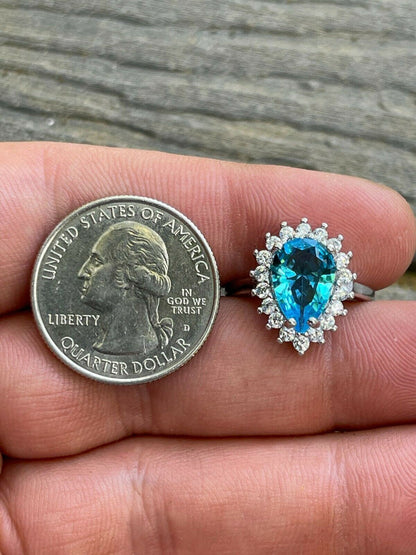 HarlemBling Solid 925 Sterling Silver Pear Shaped Blue Aquamarine and Diamond Cocktail Ring