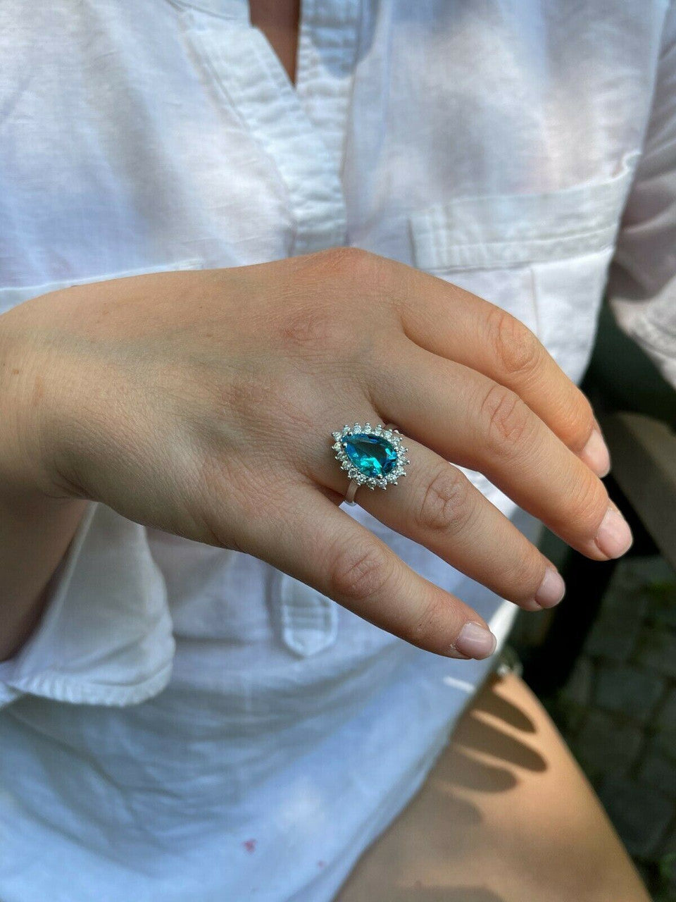 HarlemBling Solid 925 Sterling Silver Pear Shaped Blue Aquamarine and Diamond Cocktail Ring