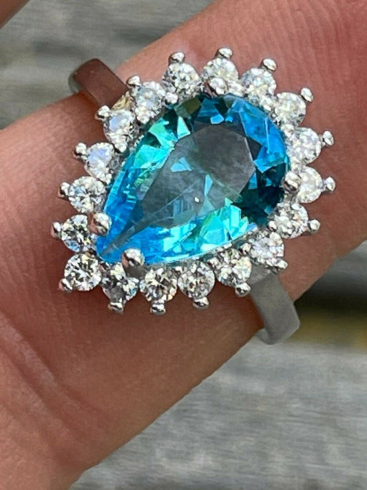 HarlemBling Solid 925 Sterling Silver Pear Shaped Blue Aquamarine and Diamond Cocktail Ring