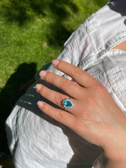 HarlemBling Solid 925 Sterling Silver Pear Shaped Blue Aquamarine and Diamond Cocktail Ring