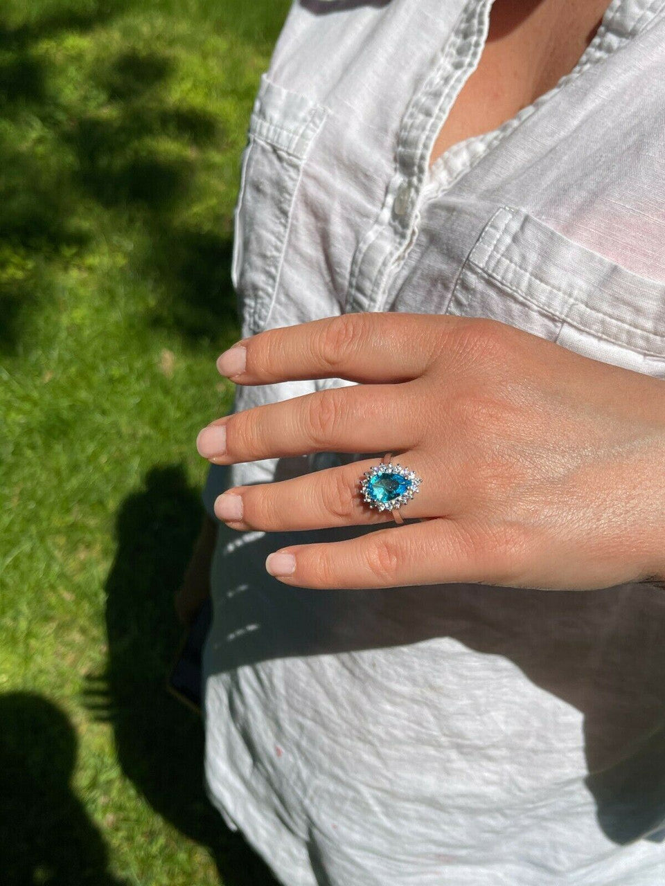 HarlemBling Solid 925 Sterling Silver Pear Shaped Blue Aquamarine and Diamond Cocktail Ring